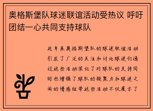 奥格斯堡队球迷联谊活动受热议 呼吁团结一心共同支持球队