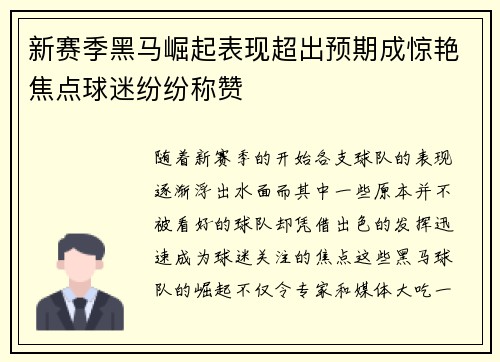 新赛季黑马崛起表现超出预期成惊艳焦点球迷纷纷称赞