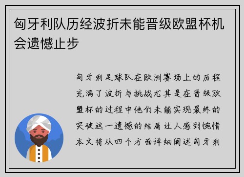 匈牙利队历经波折未能晋级欧盟杯机会遗憾止步