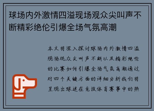 球场内外激情四溢现场观众尖叫声不断精彩绝伦引爆全场气氛高潮