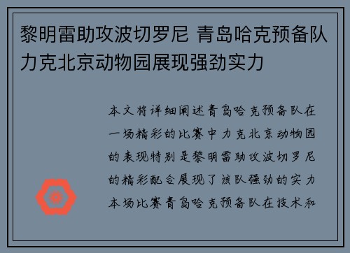 黎明雷助攻波切罗尼 青岛哈克预备队力克北京动物园展现强劲实力