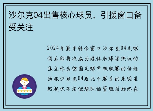 沙尔克04出售核心球员，引援窗口备受关注