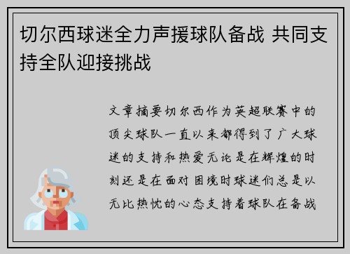 切尔西球迷全力声援球队备战 共同支持全队迎接挑战